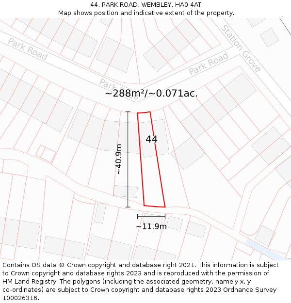 44, PARK ROAD, WEMBLEY, HA0 4AT: Plot and title map