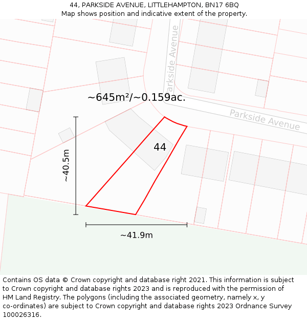 44, PARKSIDE AVENUE, LITTLEHAMPTON, BN17 6BQ: Plot and title map