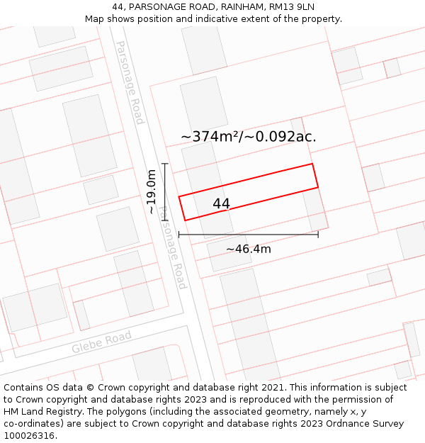 44, PARSONAGE ROAD, RAINHAM, RM13 9LN: Plot and title map