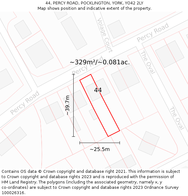 44, PERCY ROAD, POCKLINGTON, YORK, YO42 2LY: Plot and title map