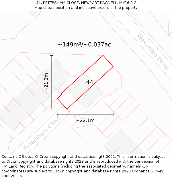 44, PETERSHAM CLOSE, NEWPORT PAGNELL, MK16 0JG: Plot and title map