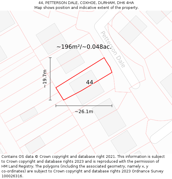 44, PETTERSON DALE, COXHOE, DURHAM, DH6 4HA: Plot and title map