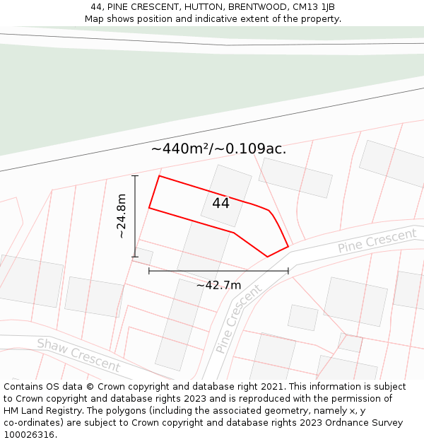 44, PINE CRESCENT, HUTTON, BRENTWOOD, CM13 1JB: Plot and title map