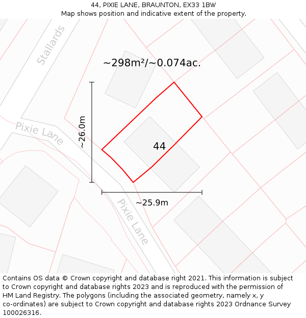 44, PIXIE LANE, BRAUNTON, EX33 1BW: Plot and title map