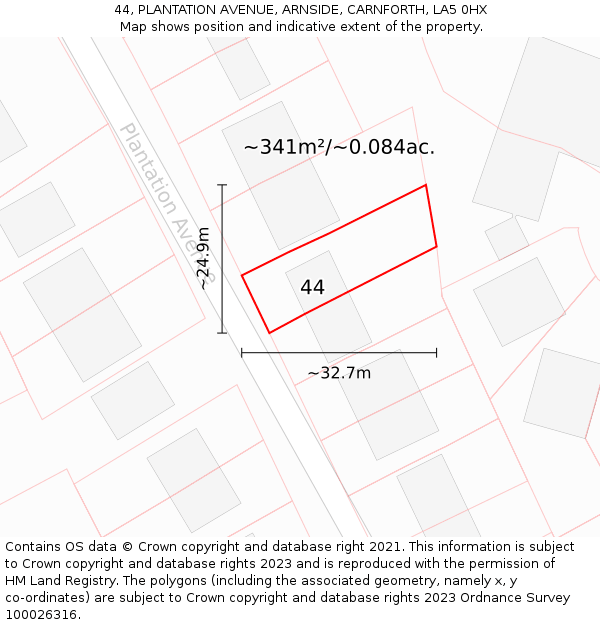 44, PLANTATION AVENUE, ARNSIDE, CARNFORTH, LA5 0HX: Plot and title map