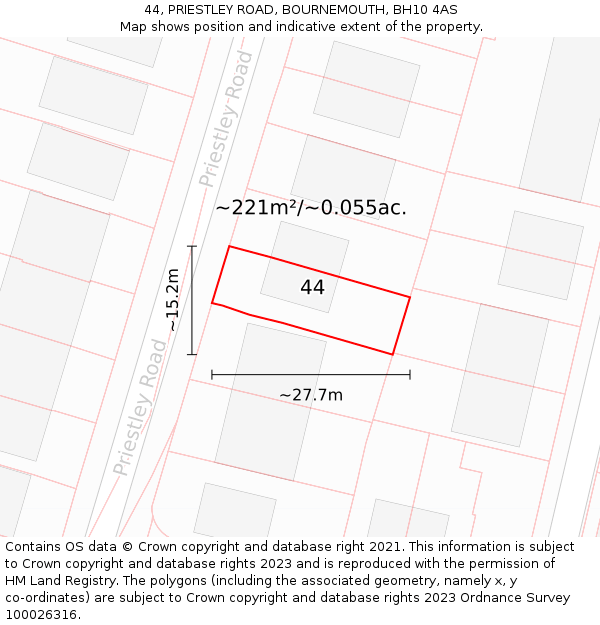 44, PRIESTLEY ROAD, BOURNEMOUTH, BH10 4AS: Plot and title map