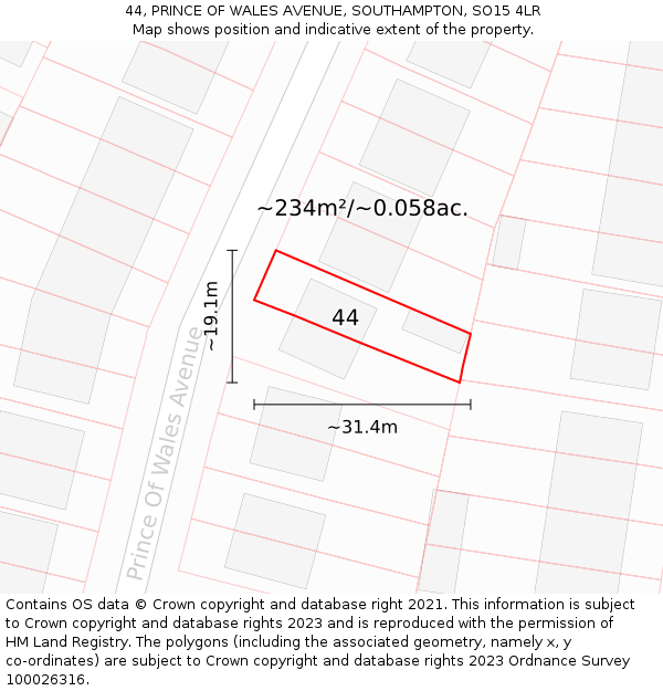 44, PRINCE OF WALES AVENUE, SOUTHAMPTON, SO15 4LR: Plot and title map