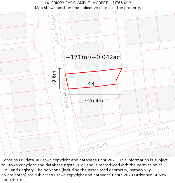 44, PRIORY PARK, AMBLE, MORPETH, NE65 0HY: Plot and title map