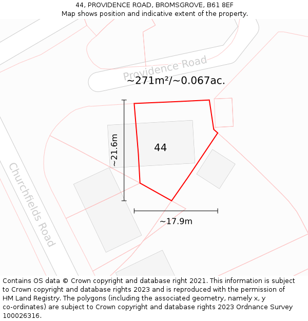 44, PROVIDENCE ROAD, BROMSGROVE, B61 8EF: Plot and title map