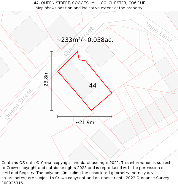 44, QUEEN STREET, COGGESHALL, COLCHESTER, CO6 1UF: Plot and title map