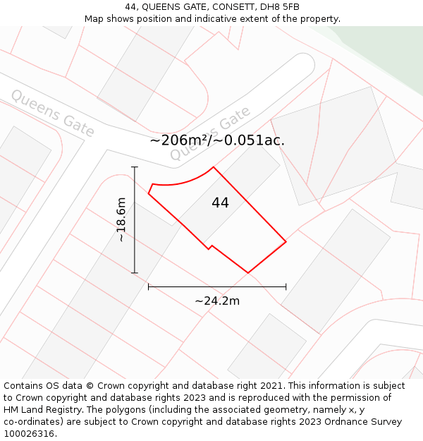 44, QUEENS GATE, CONSETT, DH8 5FB: Plot and title map