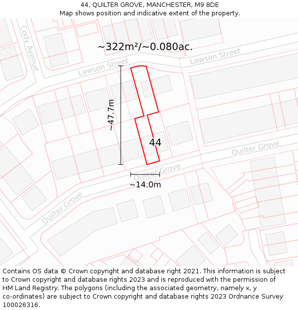 44, QUILTER GROVE, MANCHESTER, M9 8DE: Plot and title map