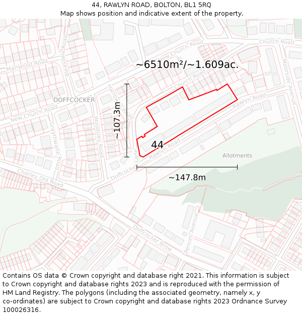 44, RAWLYN ROAD, BOLTON, BL1 5RQ: Plot and title map