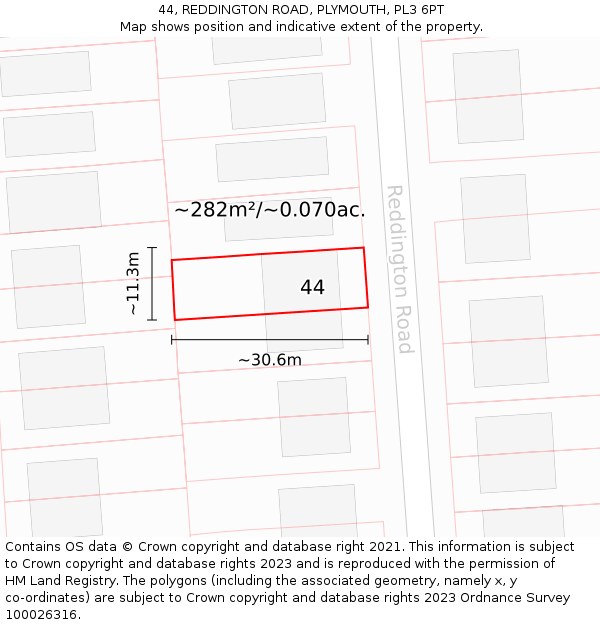 44, REDDINGTON ROAD, PLYMOUTH, PL3 6PT: Plot and title map