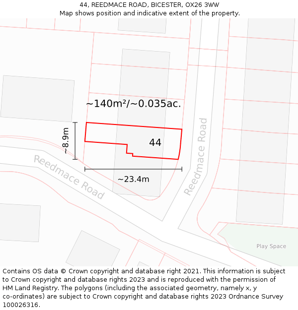 44, REEDMACE ROAD, BICESTER, OX26 3WW: Plot and title map