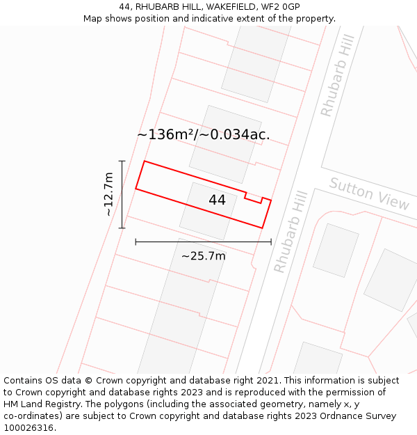 44, RHUBARB HILL, WAKEFIELD, WF2 0GP: Plot and title map