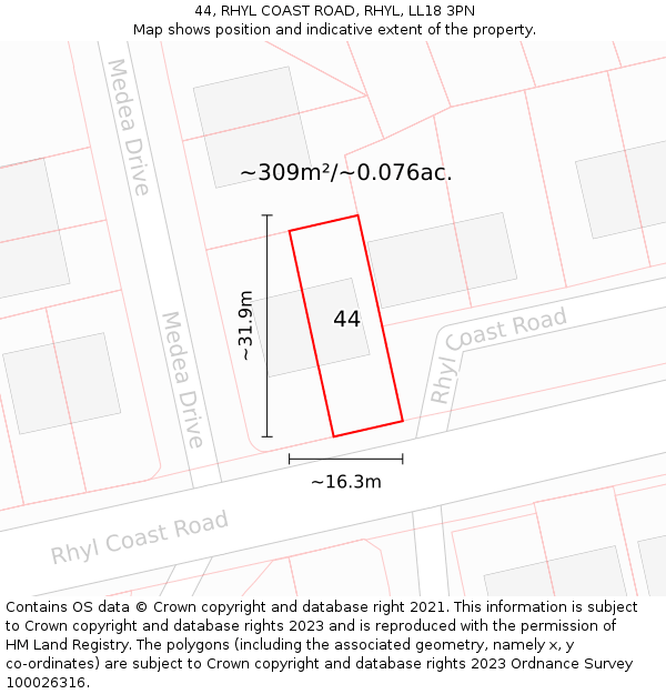 44, RHYL COAST ROAD, RHYL, LL18 3PN: Plot and title map