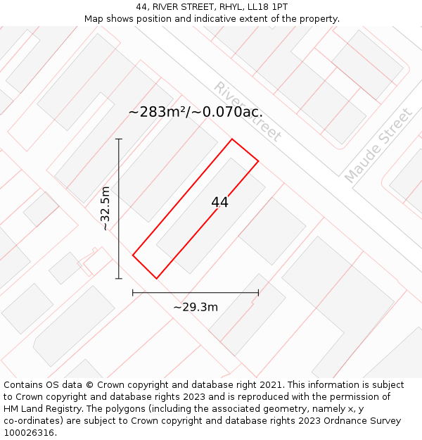 44, RIVER STREET, RHYL, LL18 1PT: Plot and title map