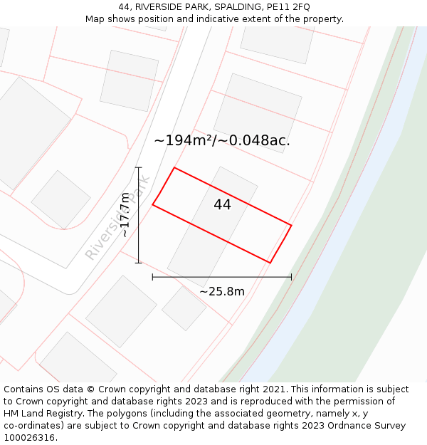 44, RIVERSIDE PARK, SPALDING, PE11 2FQ: Plot and title map