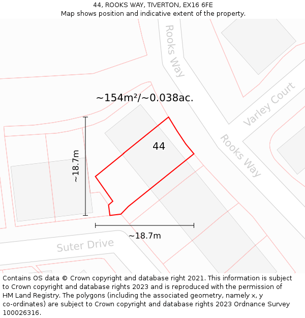 44, ROOKS WAY, TIVERTON, EX16 6FE: Plot and title map