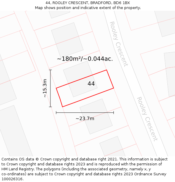 44, ROOLEY CRESCENT, BRADFORD, BD6 1BX: Plot and title map