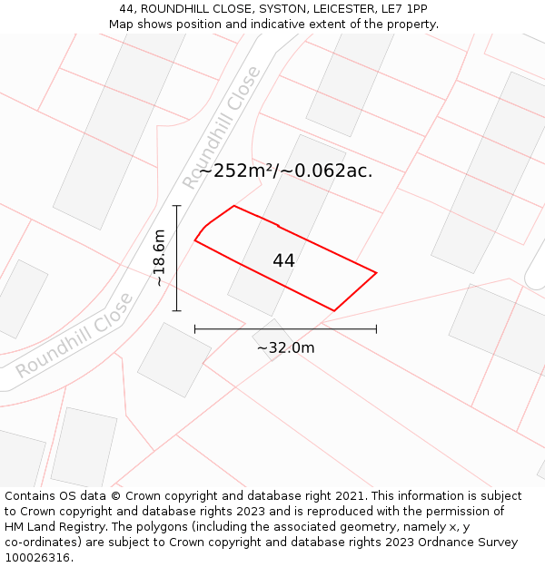 44, ROUNDHILL CLOSE, SYSTON, LEICESTER, LE7 1PP: Plot and title map