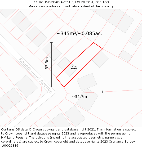 44, ROUNDMEAD AVENUE, LOUGHTON, IG10 1QB: Plot and title map