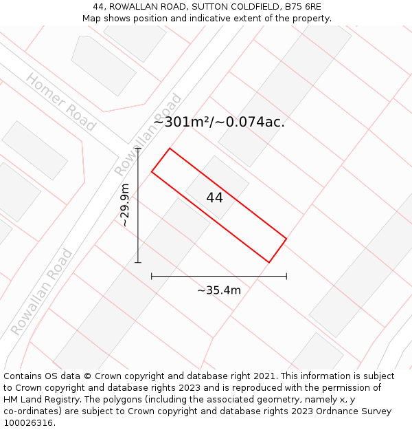 44, ROWALLAN ROAD, SUTTON COLDFIELD, B75 6RE: Plot and title map