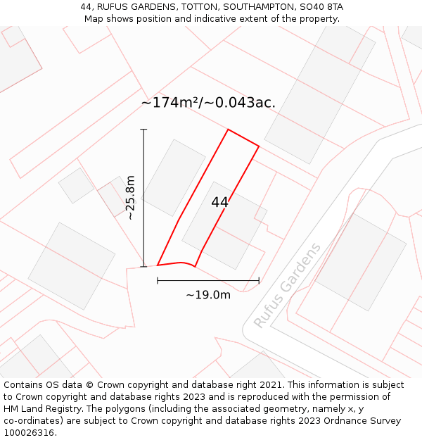 44, RUFUS GARDENS, TOTTON, SOUTHAMPTON, SO40 8TA: Plot and title map