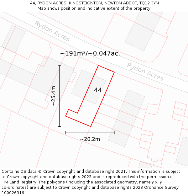 44, RYDON ACRES, KINGSTEIGNTON, NEWTON ABBOT, TQ12 3YN: Plot and title map