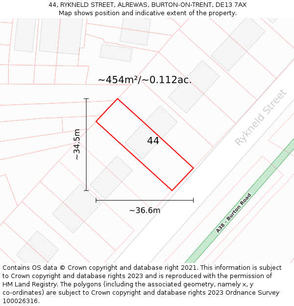 44, RYKNELD STREET, ALREWAS, BURTON-ON-TRENT, DE13 7AX: Plot and title map