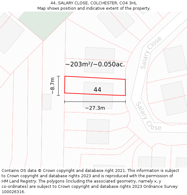 44, SALARY CLOSE, COLCHESTER, CO4 3HL: Plot and title map