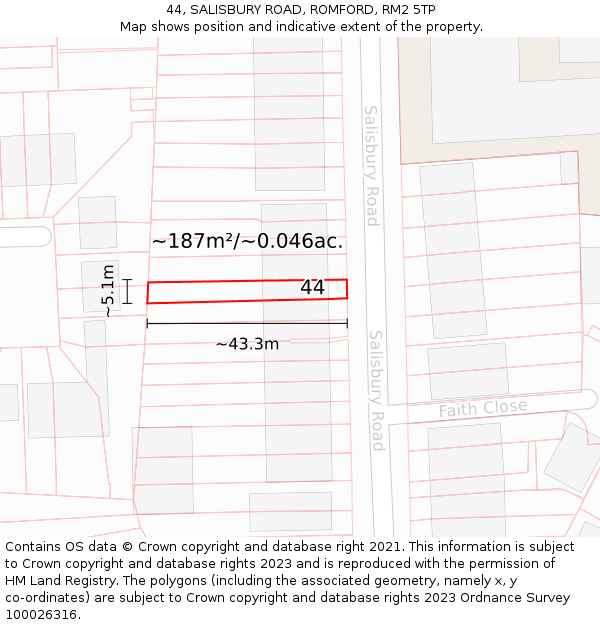 44, SALISBURY ROAD, ROMFORD, RM2 5TP: Plot and title map