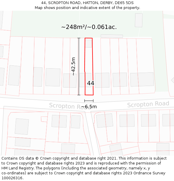 44, SCROPTON ROAD, HATTON, DERBY, DE65 5DS: Plot and title map