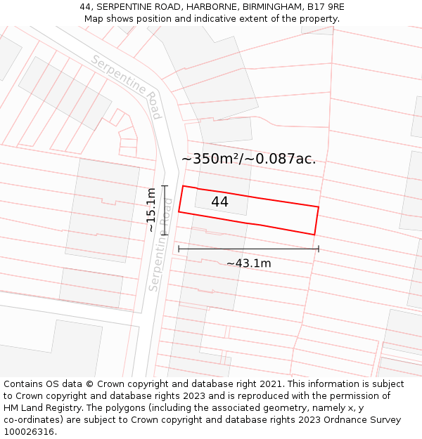 44, SERPENTINE ROAD, HARBORNE, BIRMINGHAM, B17 9RE: Plot and title map