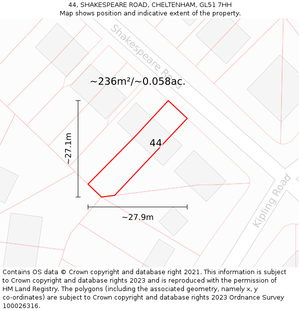 44, SHAKESPEARE ROAD, CHELTENHAM, GL51 7HH: Plot and title map