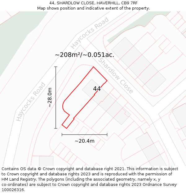 44, SHARDLOW CLOSE, HAVERHILL, CB9 7RF: Plot and title map