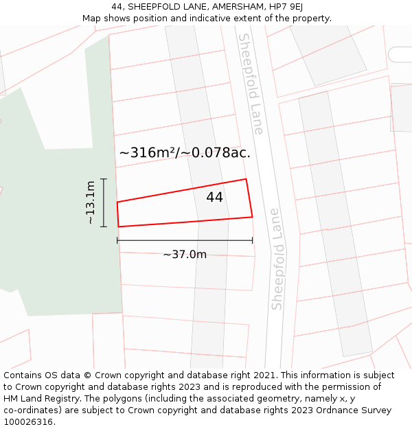 44, SHEEPFOLD LANE, AMERSHAM, HP7 9EJ: Plot and title map