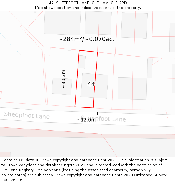 44, SHEEPFOOT LANE, OLDHAM, OL1 2PD: Plot and title map