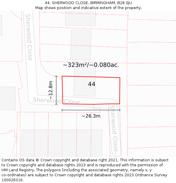 44, SHERWOOD CLOSE, BIRMINGHAM, B28 0JU: Plot and title map