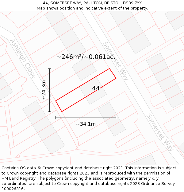 44, SOMERSET WAY, PAULTON, BRISTOL, BS39 7YX: Plot and title map