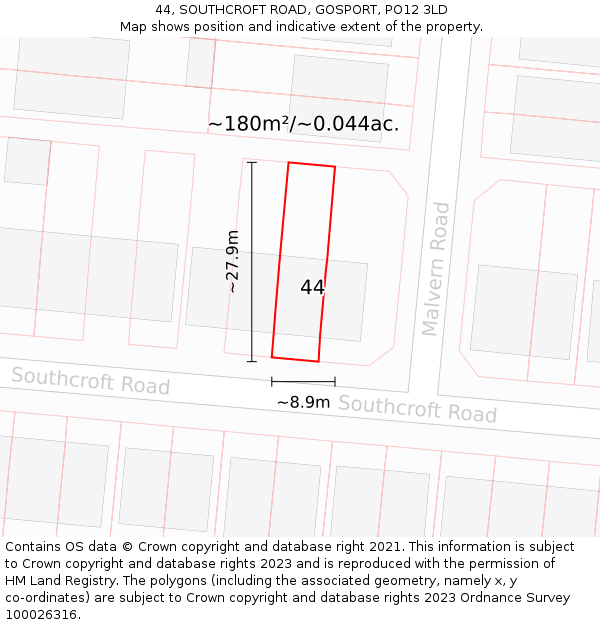 44, SOUTHCROFT ROAD, GOSPORT, PO12 3LD: Plot and title map
