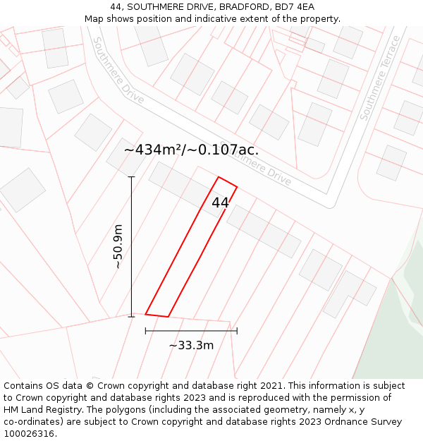 44, SOUTHMERE DRIVE, BRADFORD, BD7 4EA: Plot and title map