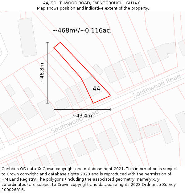 44, SOUTHWOOD ROAD, FARNBOROUGH, GU14 0JJ: Plot and title map