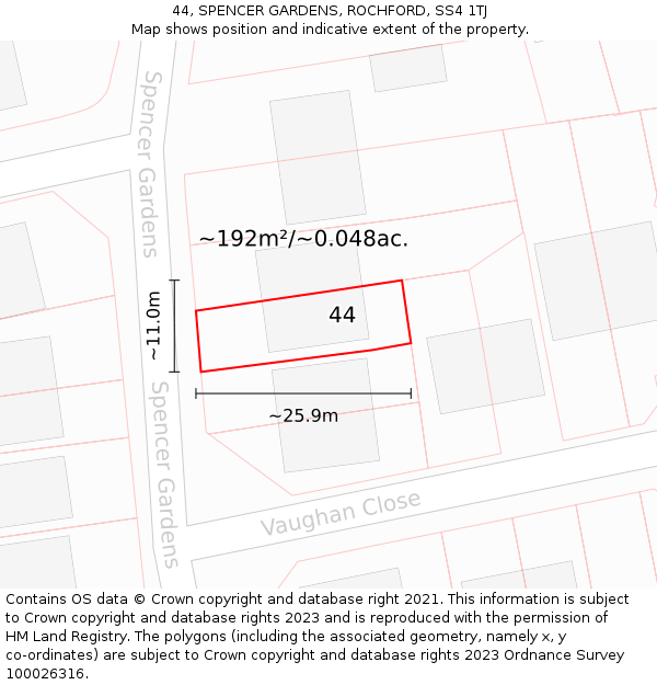 44, SPENCER GARDENS, ROCHFORD, SS4 1TJ: Plot and title map