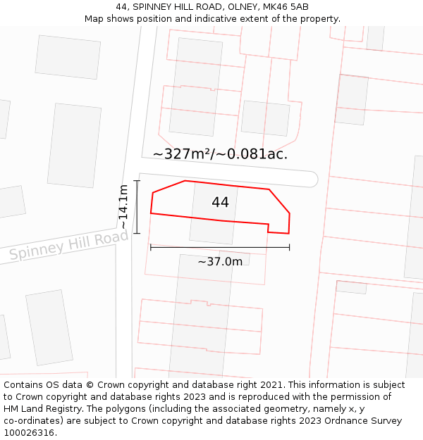 44, SPINNEY HILL ROAD, OLNEY, MK46 5AB: Plot and title map