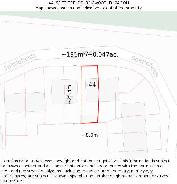 44, SPITTLEFIELDS, RINGWOOD, BH24 1QH: Plot and title map