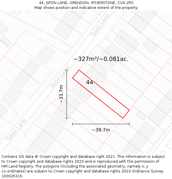 44, SPON LANE, GRENDON, ATHERSTONE, CV9 2PD: Plot and title map