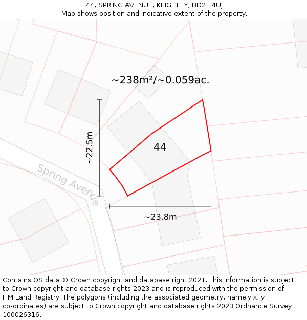 44, SPRING AVENUE, KEIGHLEY, BD21 4UJ: Plot and title map