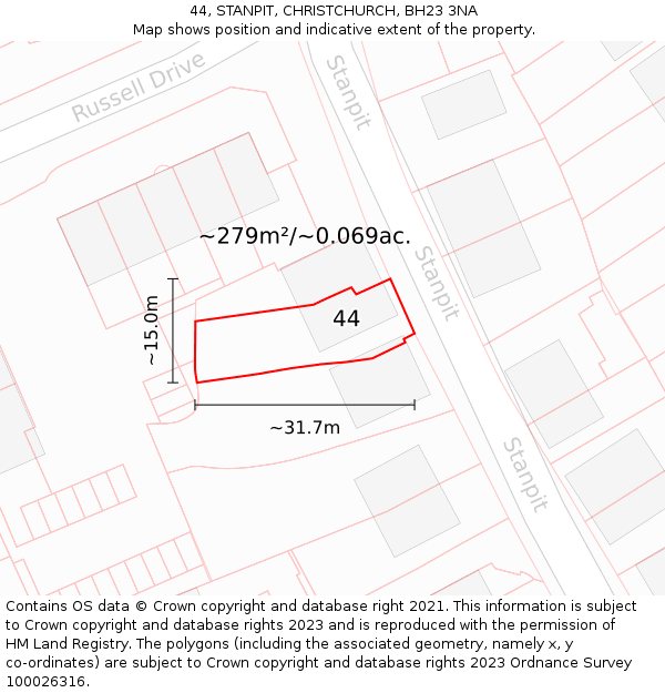 44, STANPIT, CHRISTCHURCH, BH23 3NA: Plot and title map